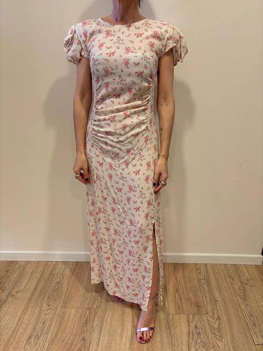 KONTATTO - Abito lungo a fiori ecrù con mezze maniche a sbuffo e arricciature