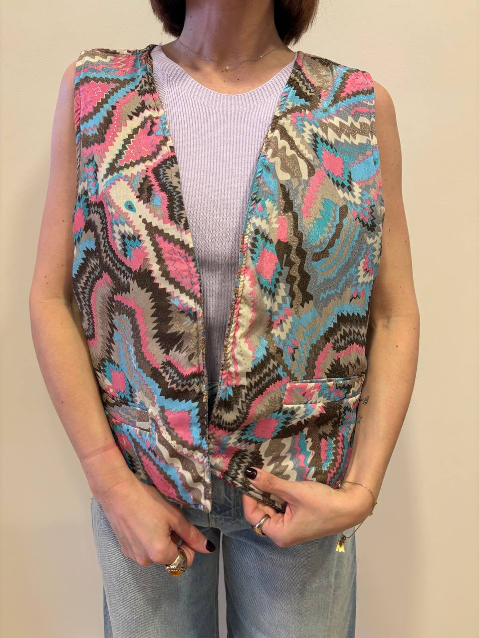 KONTATTO - Gilet trapuntato aperto in fantasia reversibile