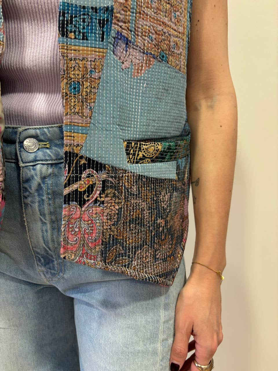 KONTATTO - Gilet trapuntato aperto in fantasia reversibile