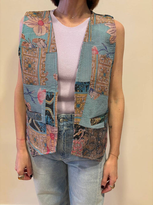 KONTATTO - Gilet trapuntato aperto in fantasia reversibile