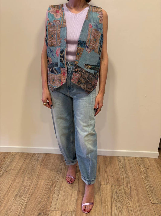 KONTATTO - Gilet trapuntato aperto in fantasia reversibile