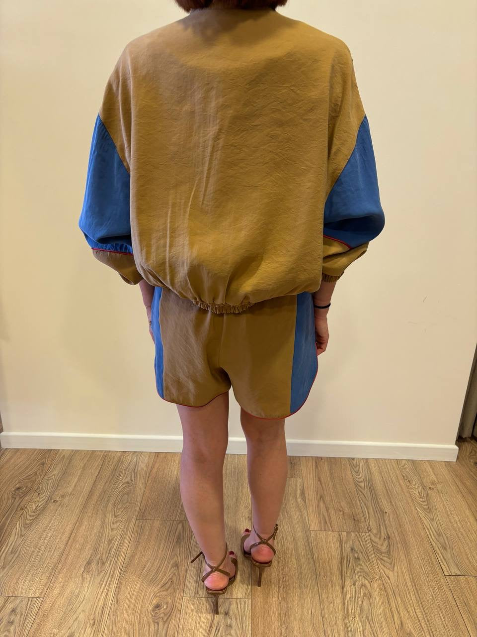 HAVEONE - Bomber in tessuto tecnico senape e azzurro con chiusura con zip