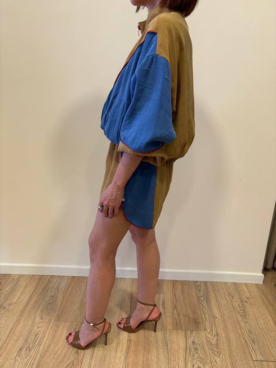 HAVEONE - Bomber in tessuto tecnico senape e azzurro con chiusura con zip