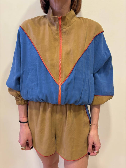 HAVEONE - Bomber in tessuto tecnico senape e azzurro con chiusura con zip