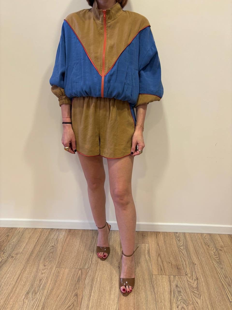 HAVEONE - Bomber in tessuto tecnico senape e azzurro con chiusura con zip