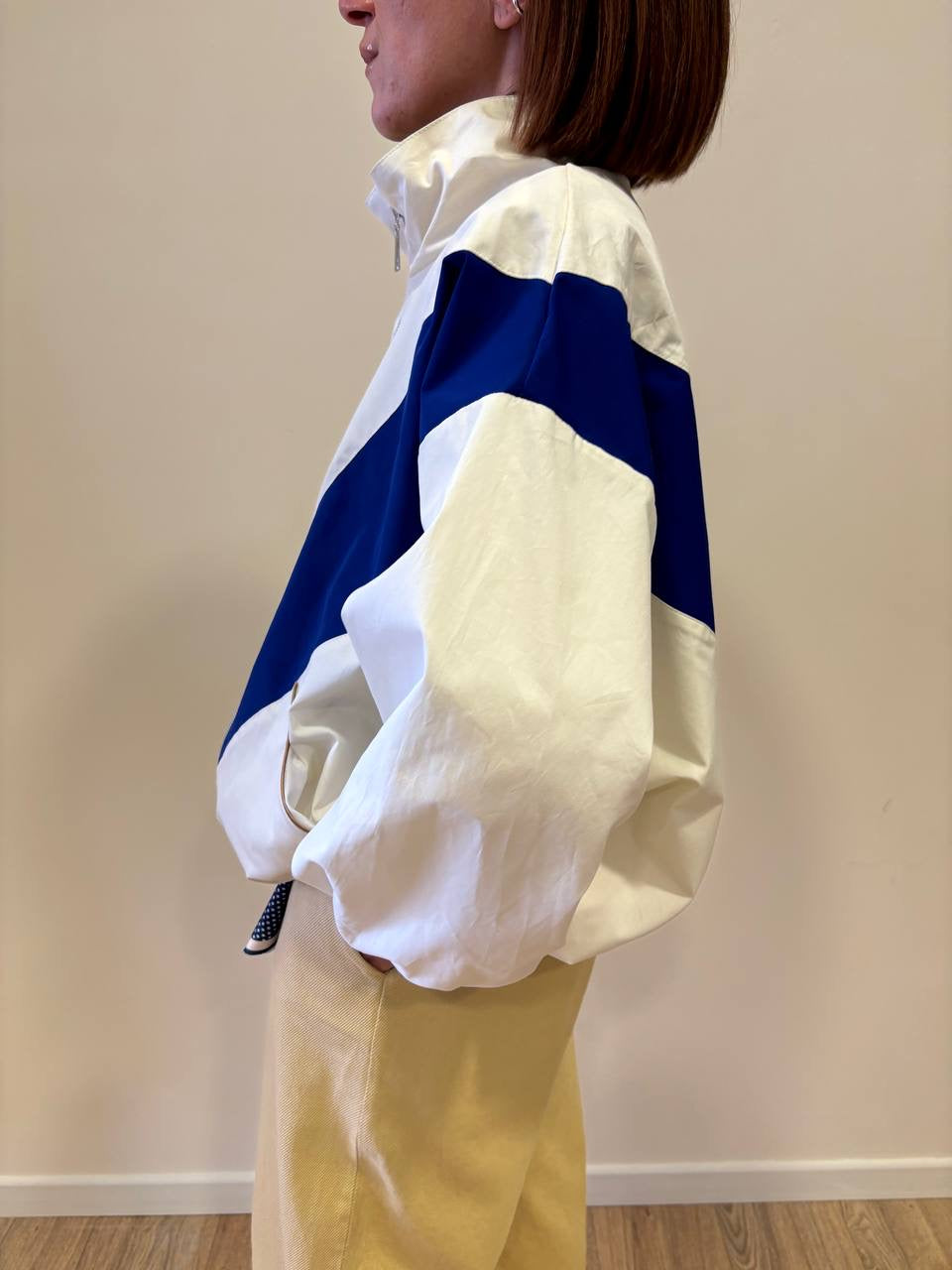 HAVEONE - Bomber in tessuto tecnico bianco e blu con chiusura con zip