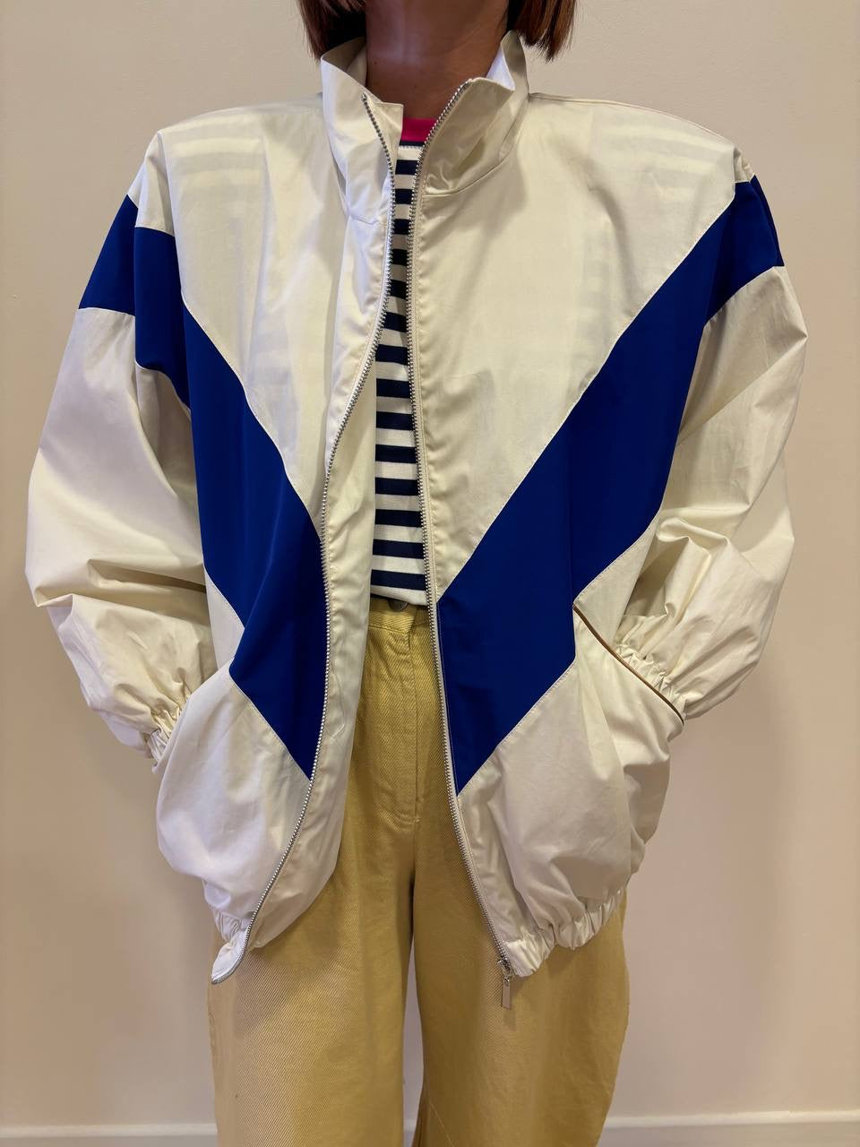HAVEONE - Bomber in tessuto tecnico bianco e blu con chiusura con zip