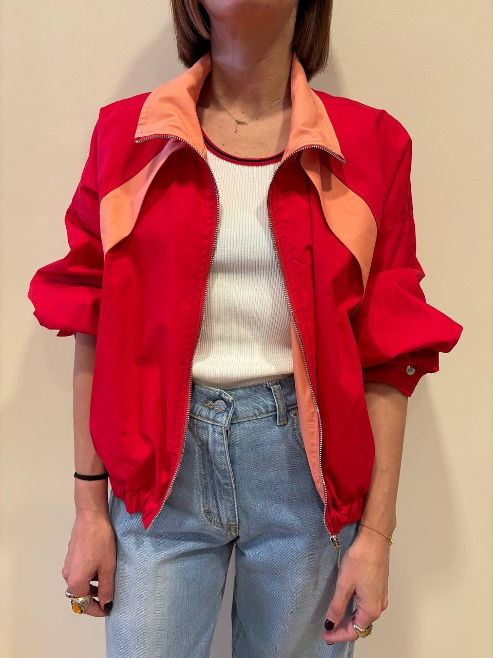 HAVEONE - Bomber in tessuto tecnico rosso e albicocca con zip