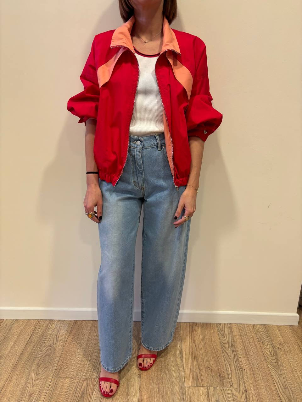 HAVEONE - Bomber in tessuto tecnico rosso e albicocca con zip