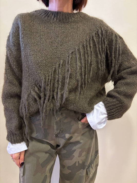 MEME ROAD - Maglioncino verde militare in misto mohair con dettaglio frange