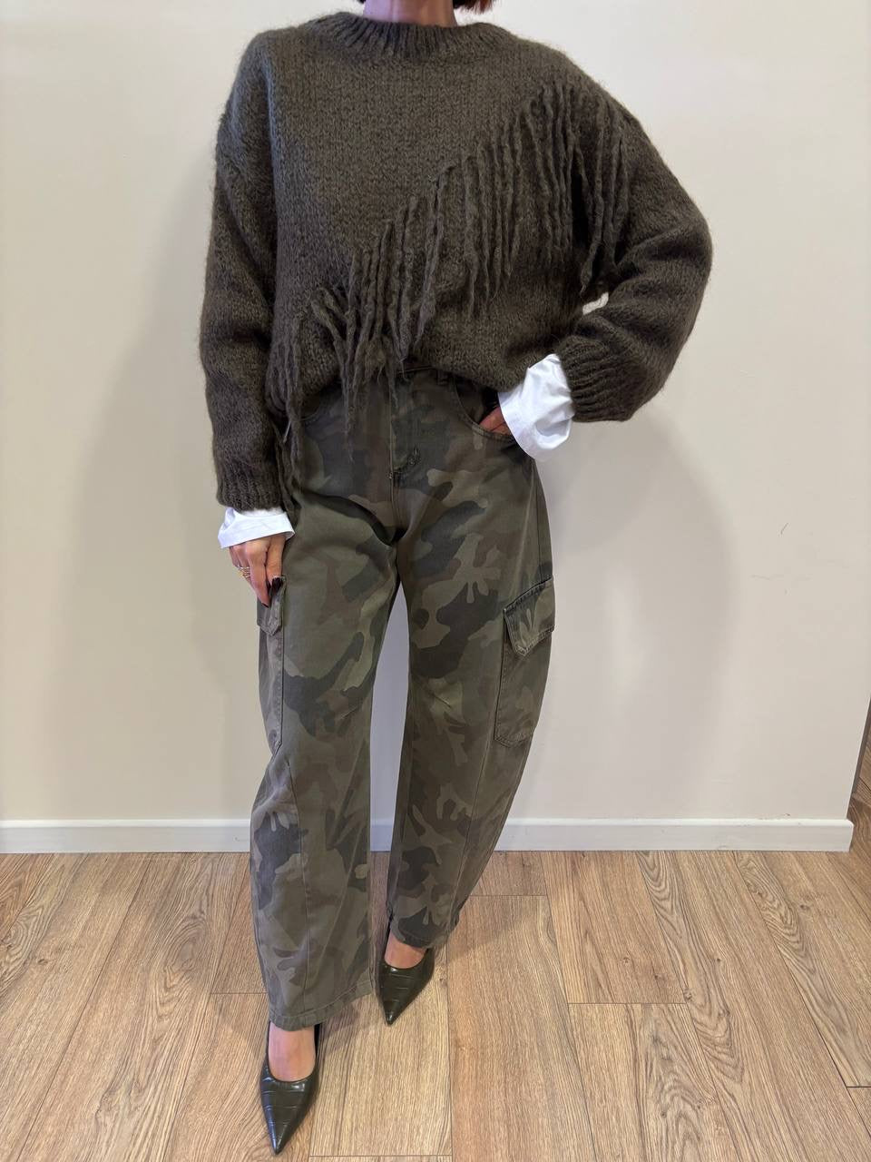 MEME ROAD - Maglioncino verde militare in misto mohair con dettaglio frange