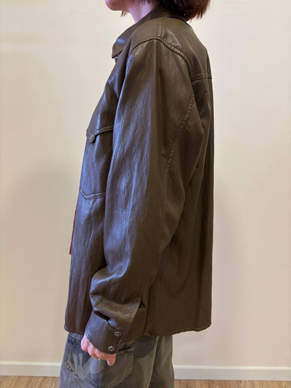SOUVENIR - Giacchino in vera pelle a camicia con bottoni e tasche frontali color khaki