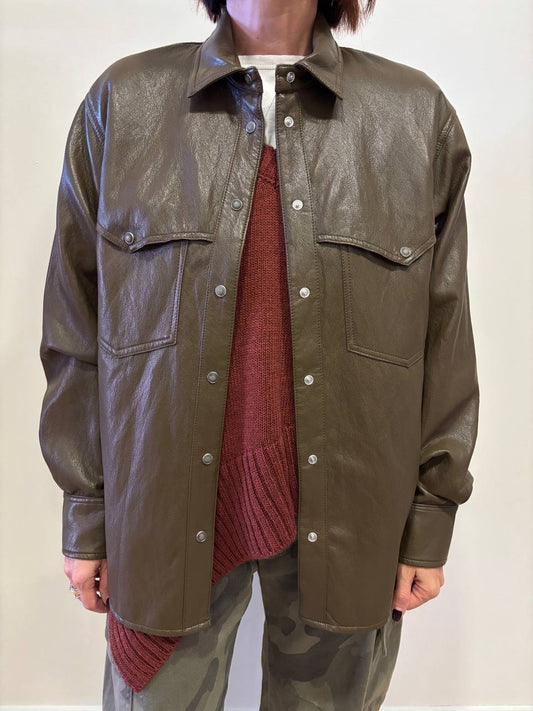 SOUVENIR - Giacchino in vera pelle a camicia con bottoni e tasche frontali color khaki