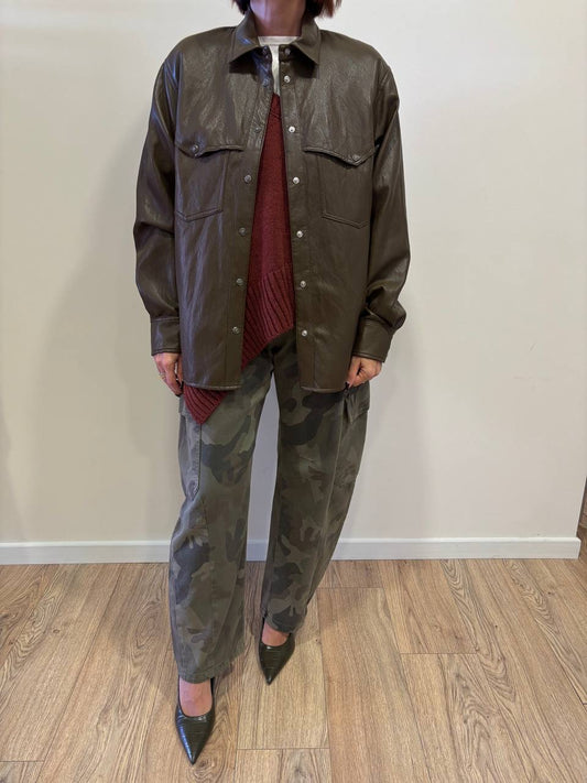 SOUVENIR - Giacchino in vera pelle a camicia con bottoni e tasche frontali color khaki