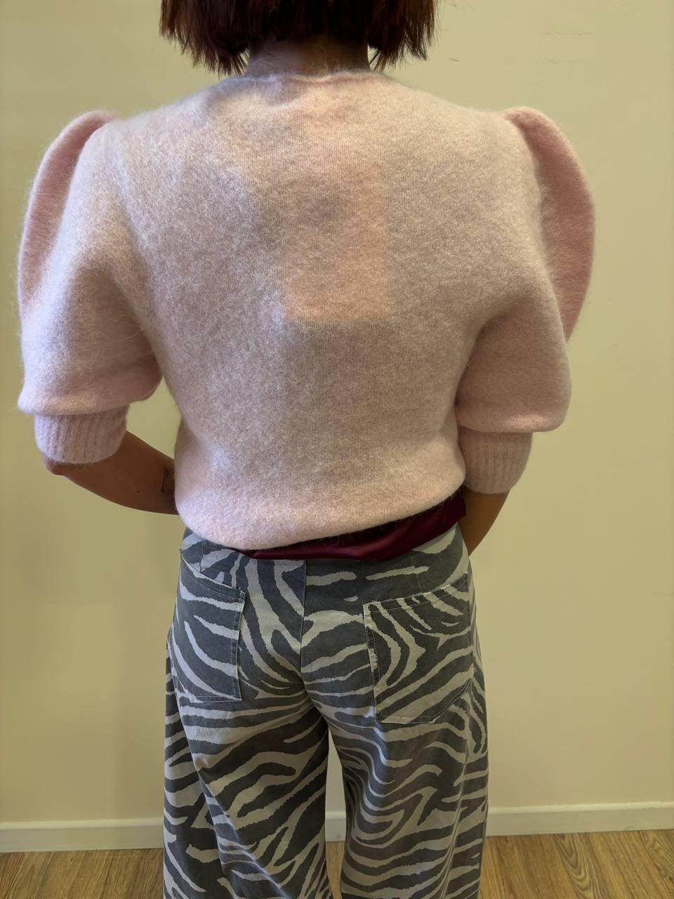 KONTATTO - Maglioncino in misto alpaca e lana con bottoni e 1/2 manica a palloncino color rosa
