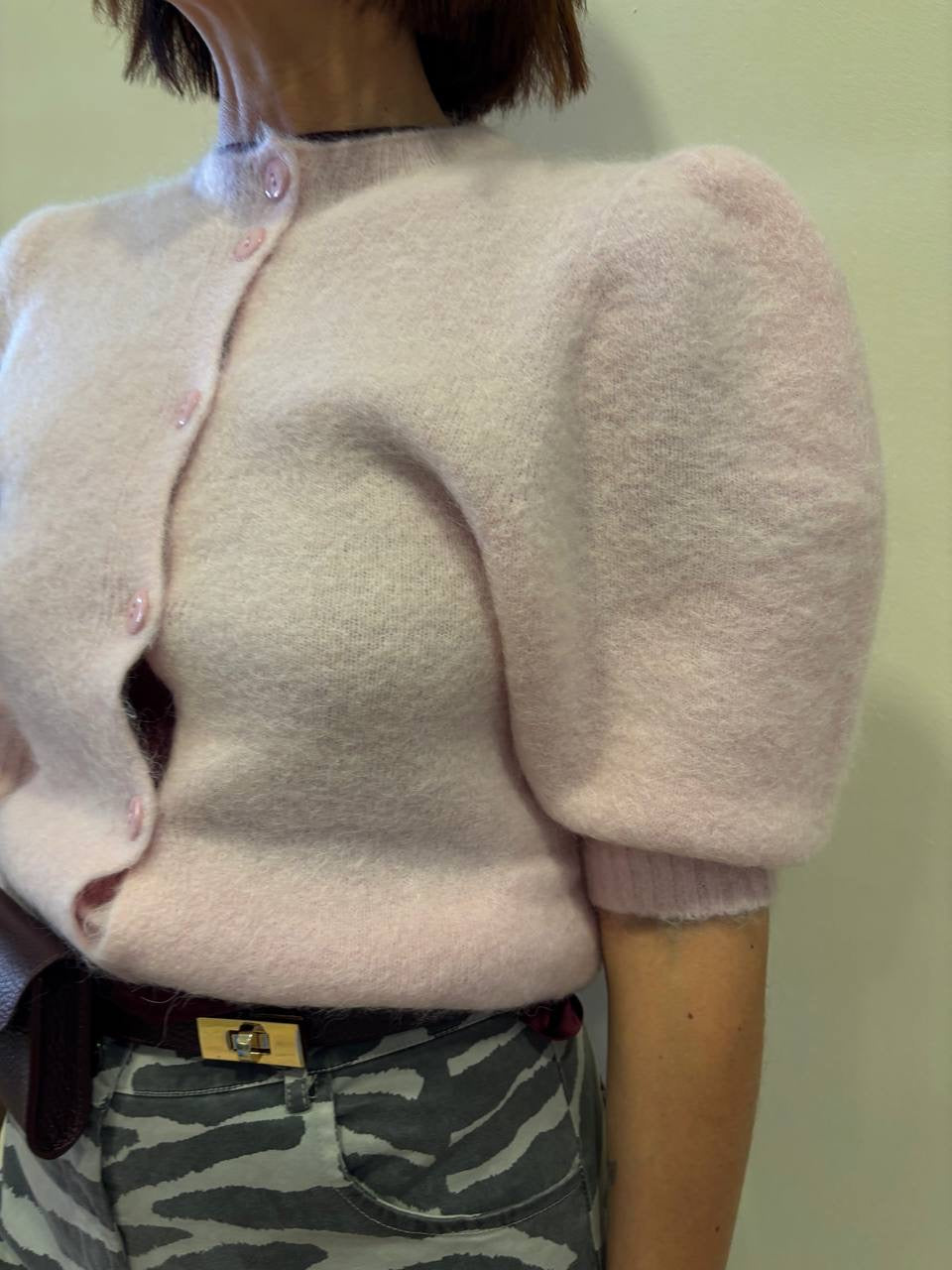 KONTATTO - Maglioncino in misto alpaca e lana con bottoni e 1/2 manica a palloncino color rosa