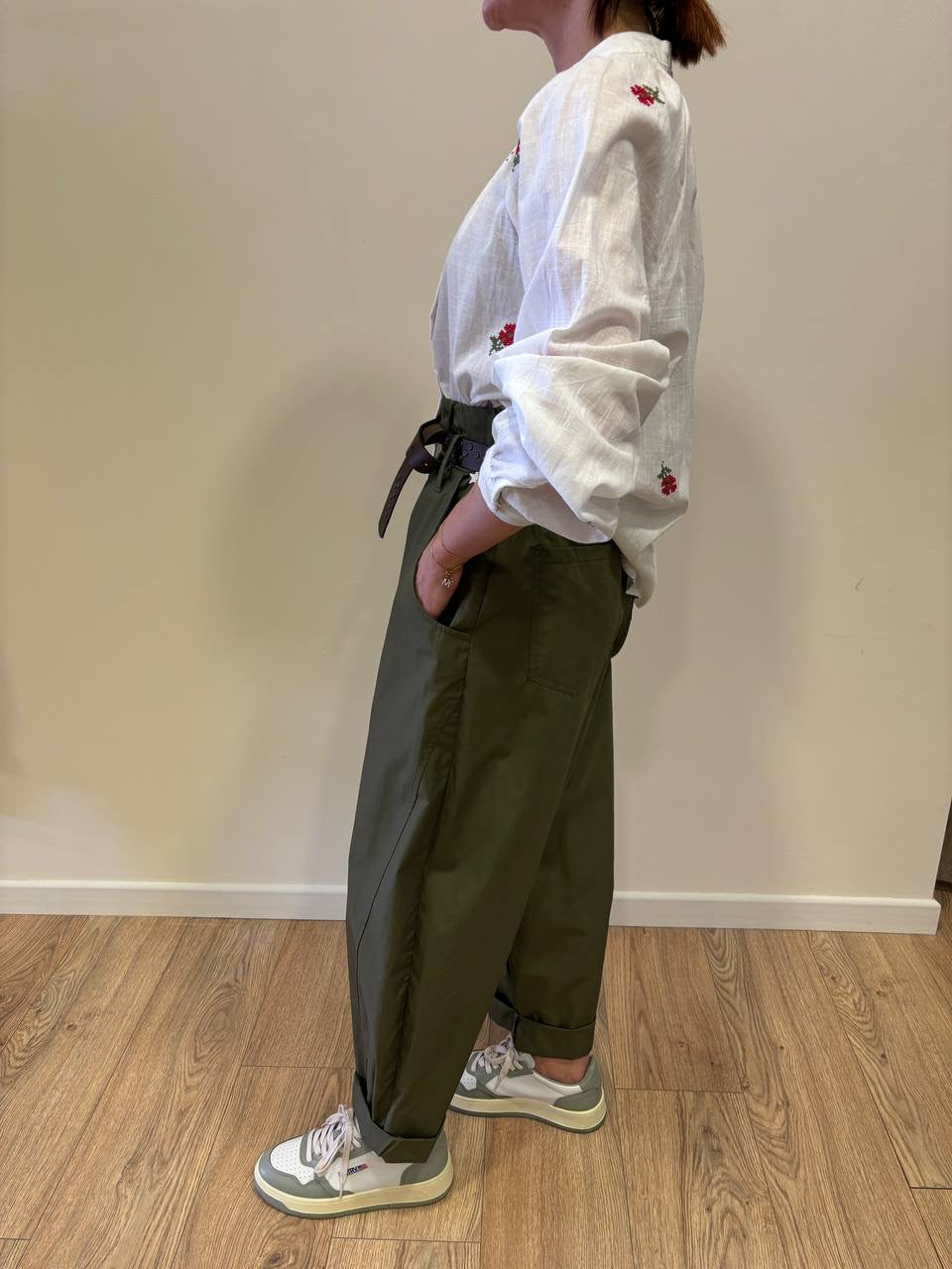 SOUVENIR - Pantalone verde militare in cotone barrel fit con elastico