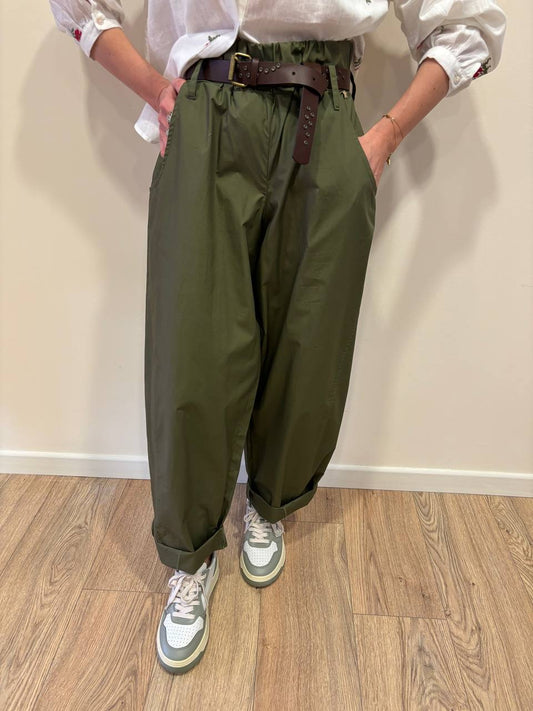 SOUVENIR - Pantalone verde militare in cotone barrel fit con elastico