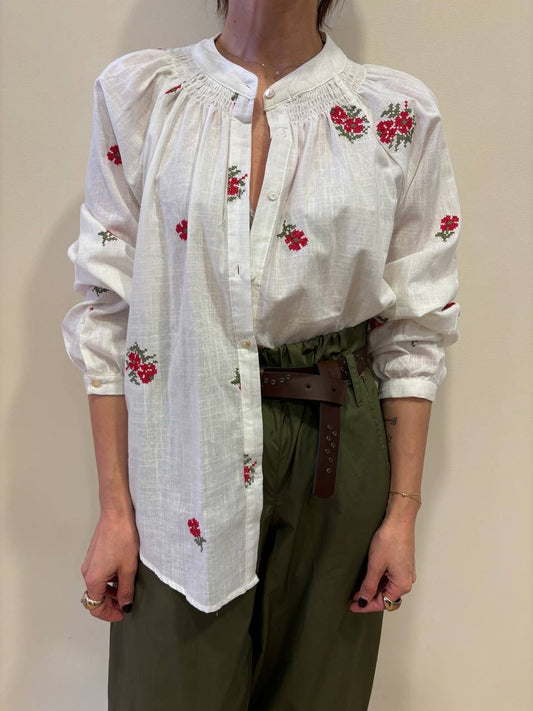SOUVENIR - Camicia bianca in cotone con dettaglio ricami rossi
