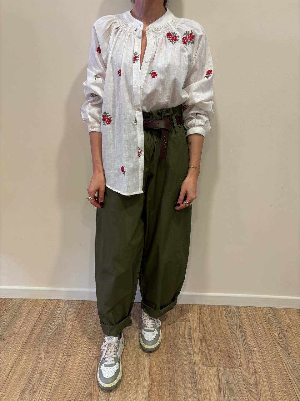 SOUVENIR - Pantalone verde militare in cotone barrel fit con elastico