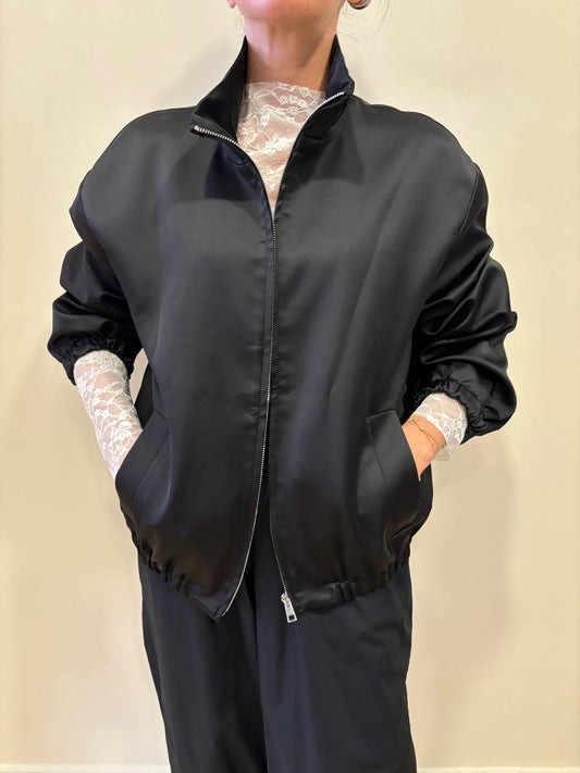 VICOLO - Bomber effetto raso nero con chiusura con zip