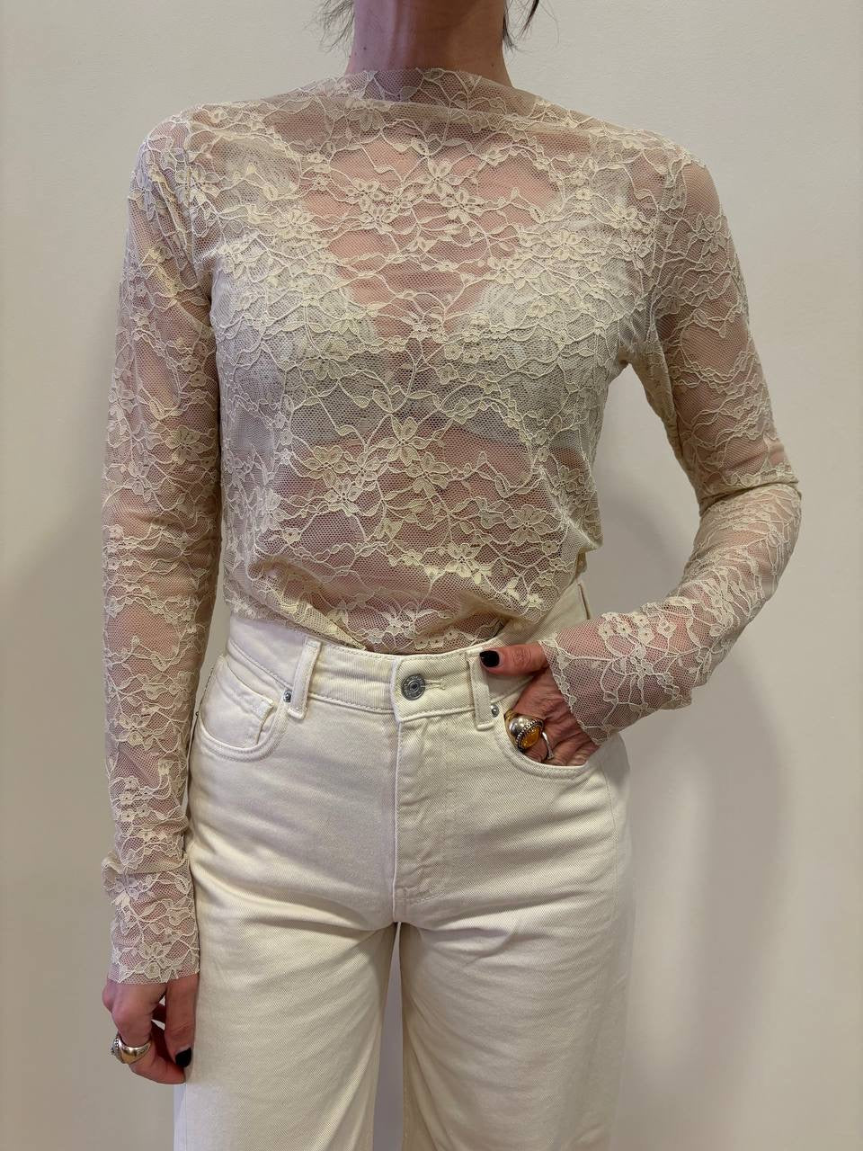 HAVEONE - Maglia a manica lunga in pizzo burro