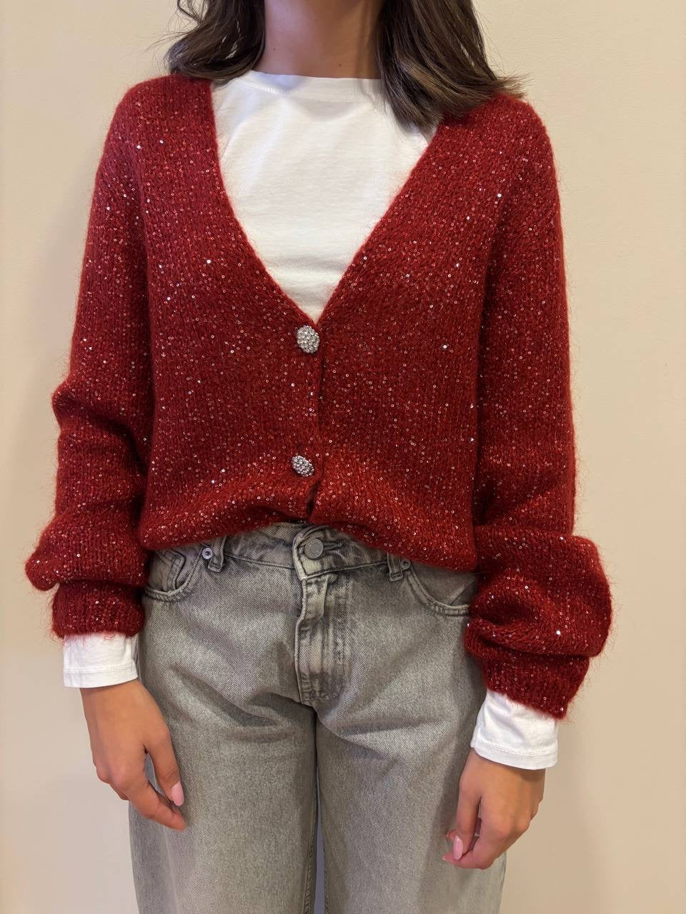 SOUVENIR - Cardigan corto con bottoni gioiello e micro lucette color bianco ghiaccio - più varianti