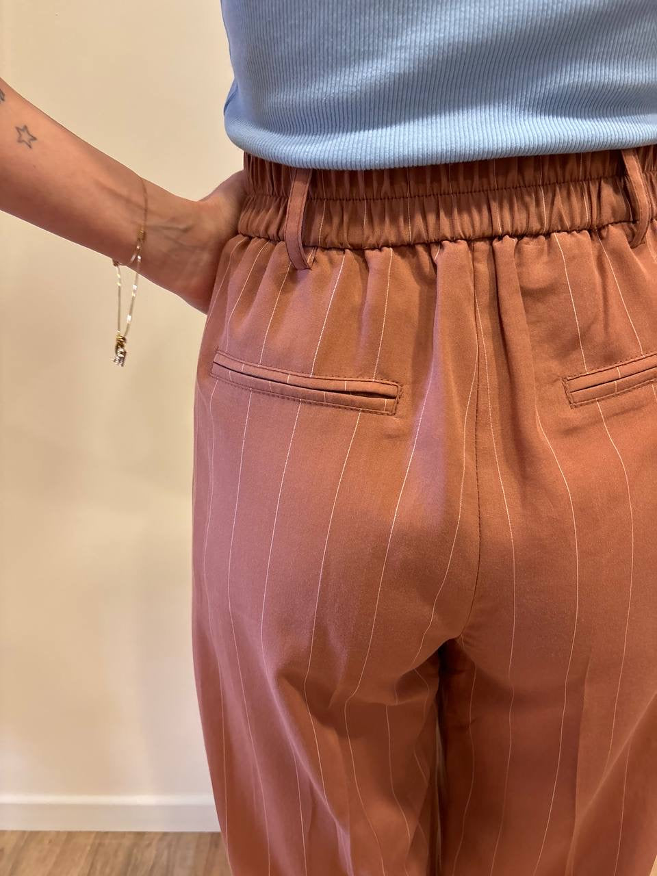 HAVEONE - Pantalone a palazzo color cotto dritto gessato con elastico