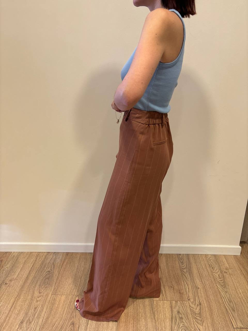 HAVEONE - Pantalone a palazzo color cotto dritto gessato con elastico