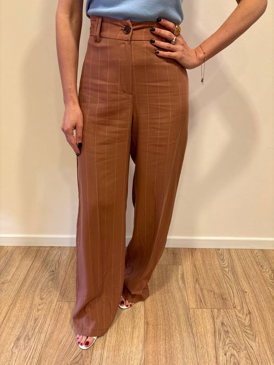HAVEONE - Pantalone a palazzo color cotto dritto gessato con elastico