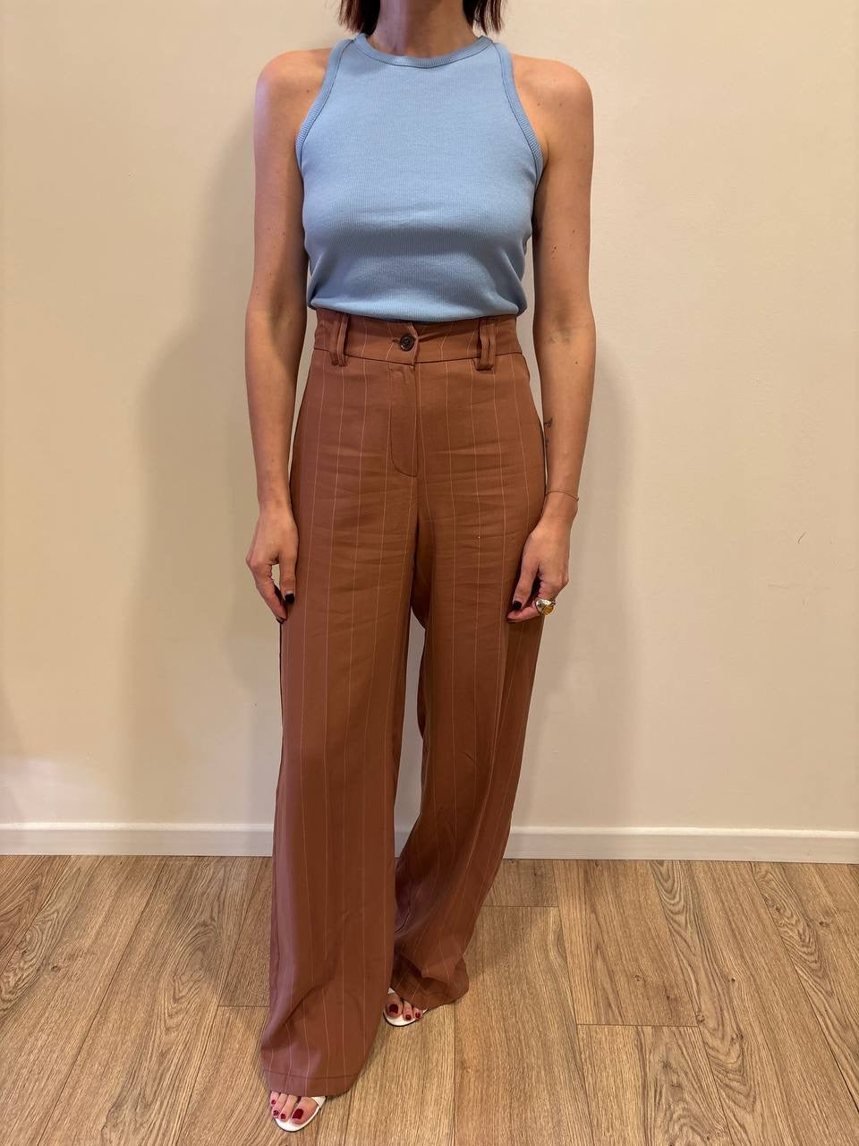 HAVEONE - Pantalone a palazzo color cotto dritto gessato con elastico