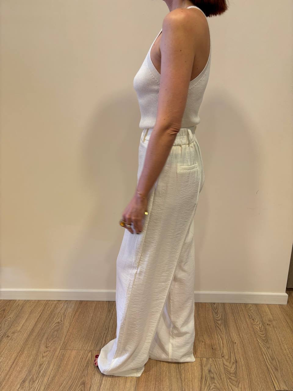 HAVEONE - Pantalone a palazzo dritto panna goffrato con elastico