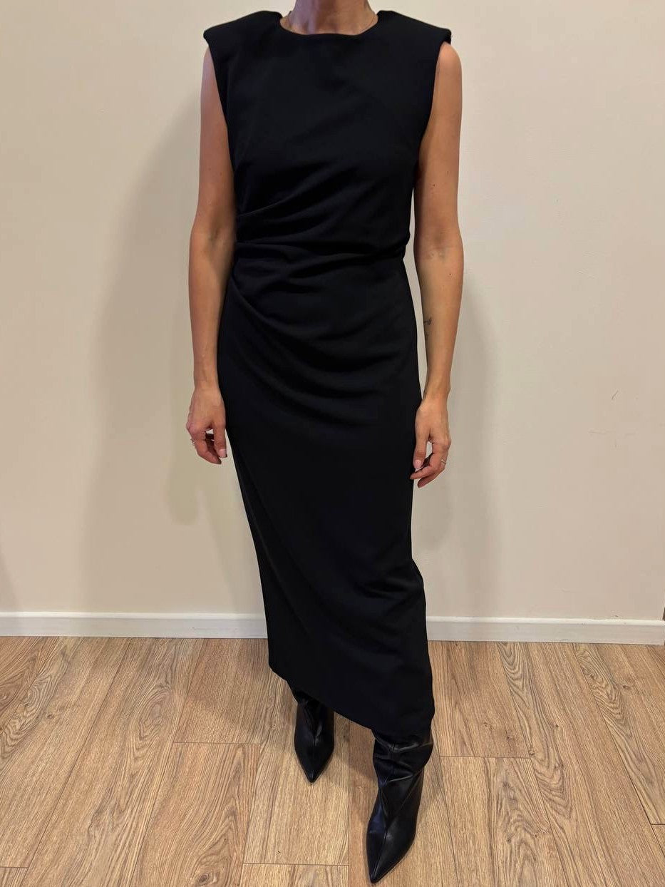 SUSY MIX - Abito nero lungo smanicato arricciato con spacco sul retro