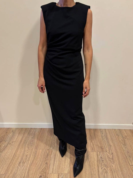 SUSY MIX - Abito nero lungo smanicato arricciato con spacco sul retro
