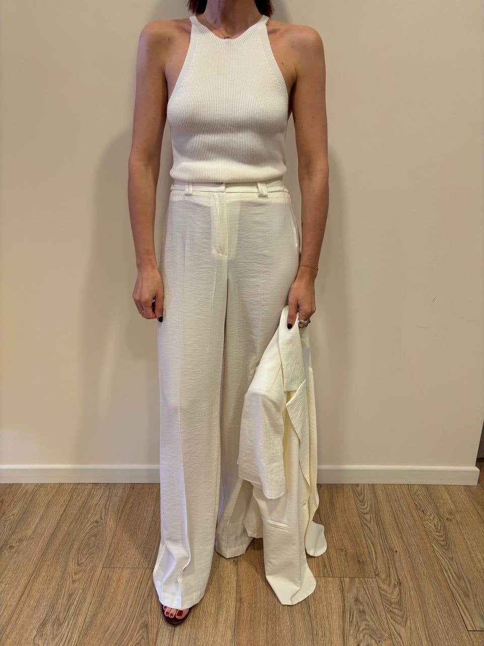 HAVEONE - Pantalone a palazzo dritto panna goffrato con elastico