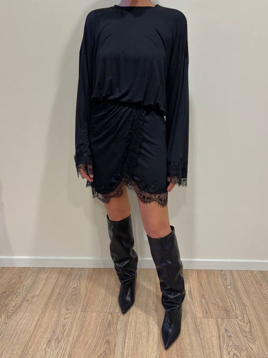 SUSY MIX - Abito in misto cotone nero con maniche ampie e dettaglio pizzo nero