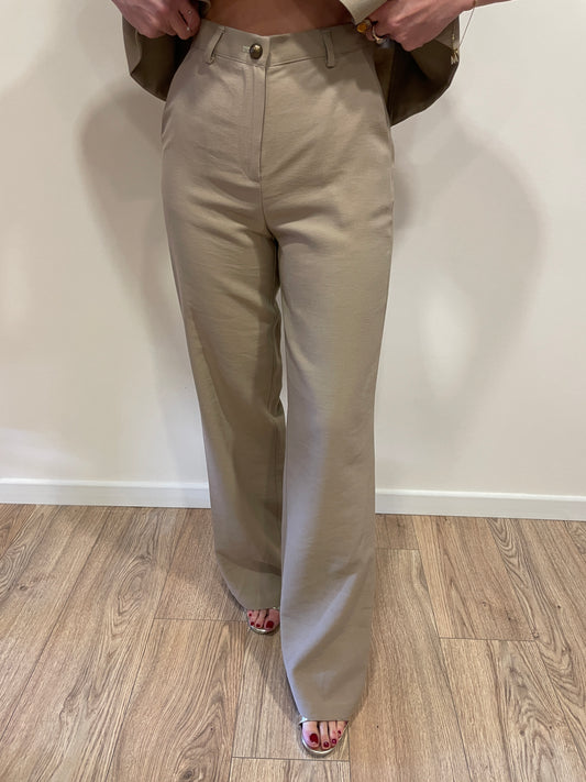 HAVEONE - Pantalone beige a palazzo dritto con bottone bronzo