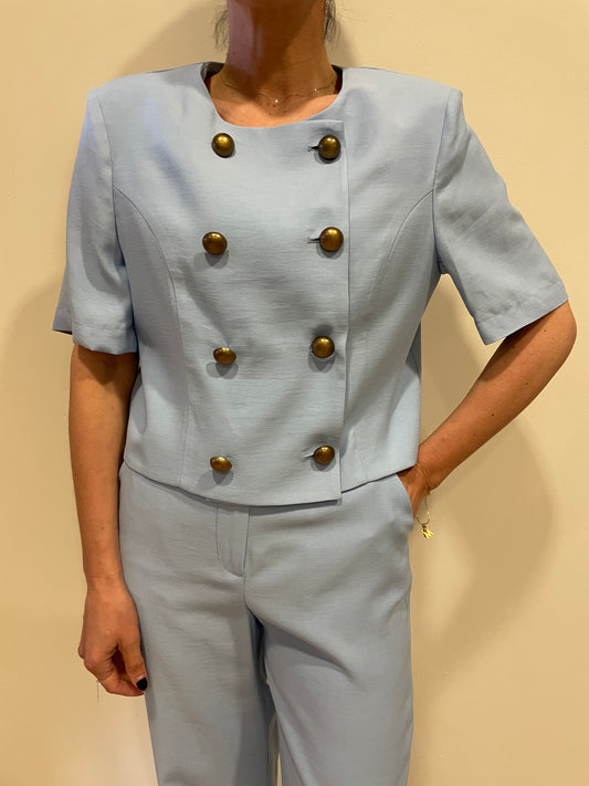 HAVEONE - Giacca corta azzurra a mezza manica a doppiopetto