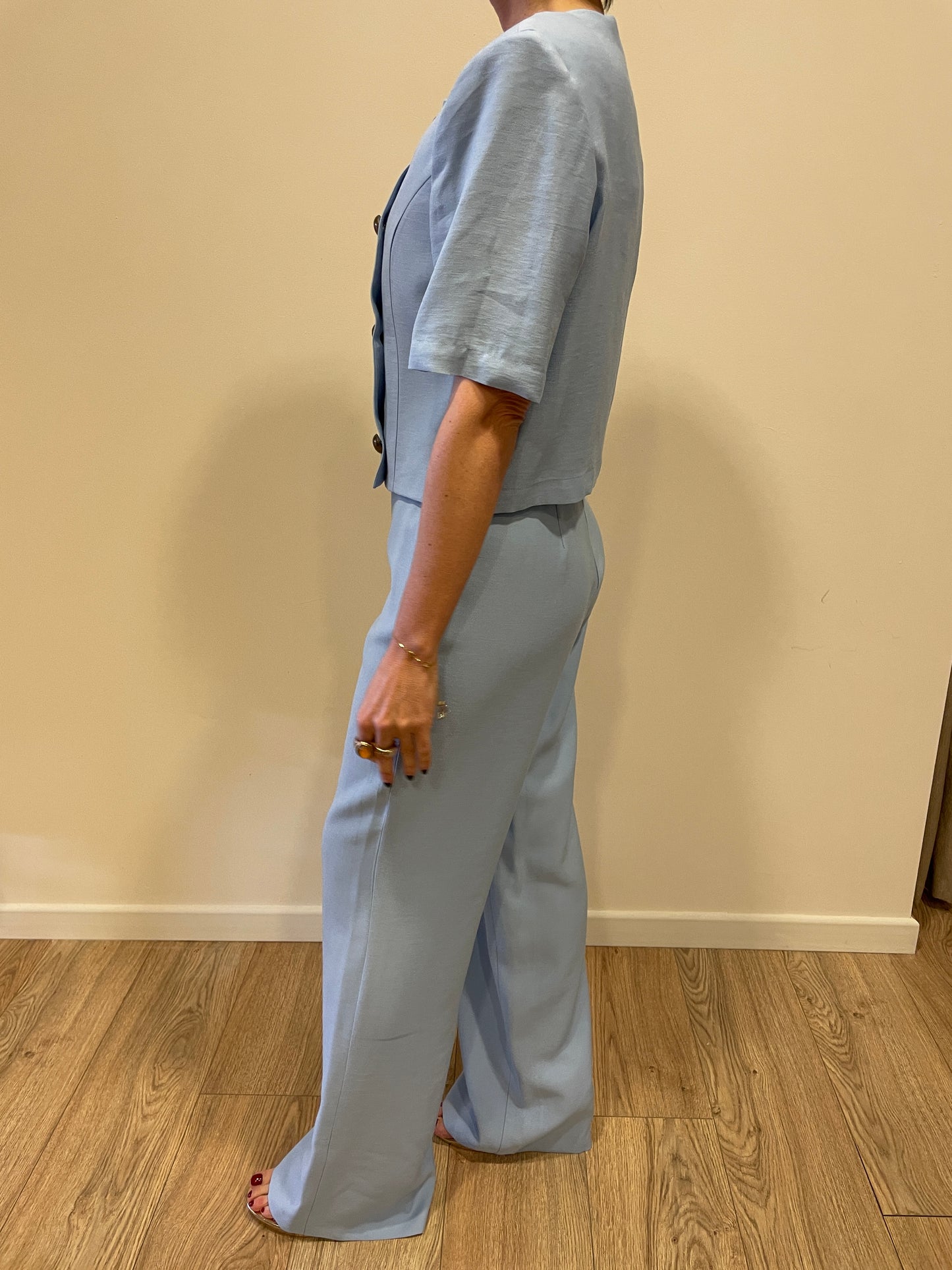 HAVEONE - Pantalone azzurro a palazzo dritto con bottone bronzo
