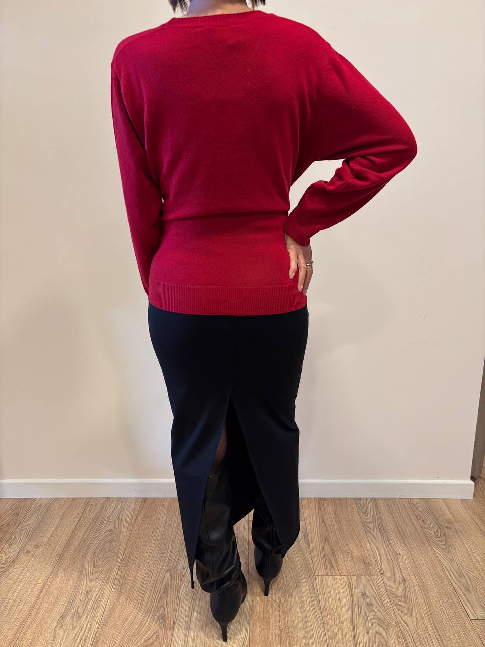 VICOLO - Maglia girocollo in misto lana e viscosa con finte maniche in vita color rosso - più varianti