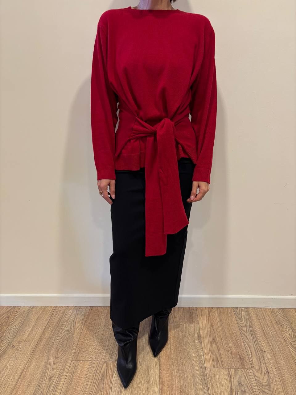VICOLO - Maglia girocollo in misto lana e viscosa con finte maniche in vita color rosso - più varianti