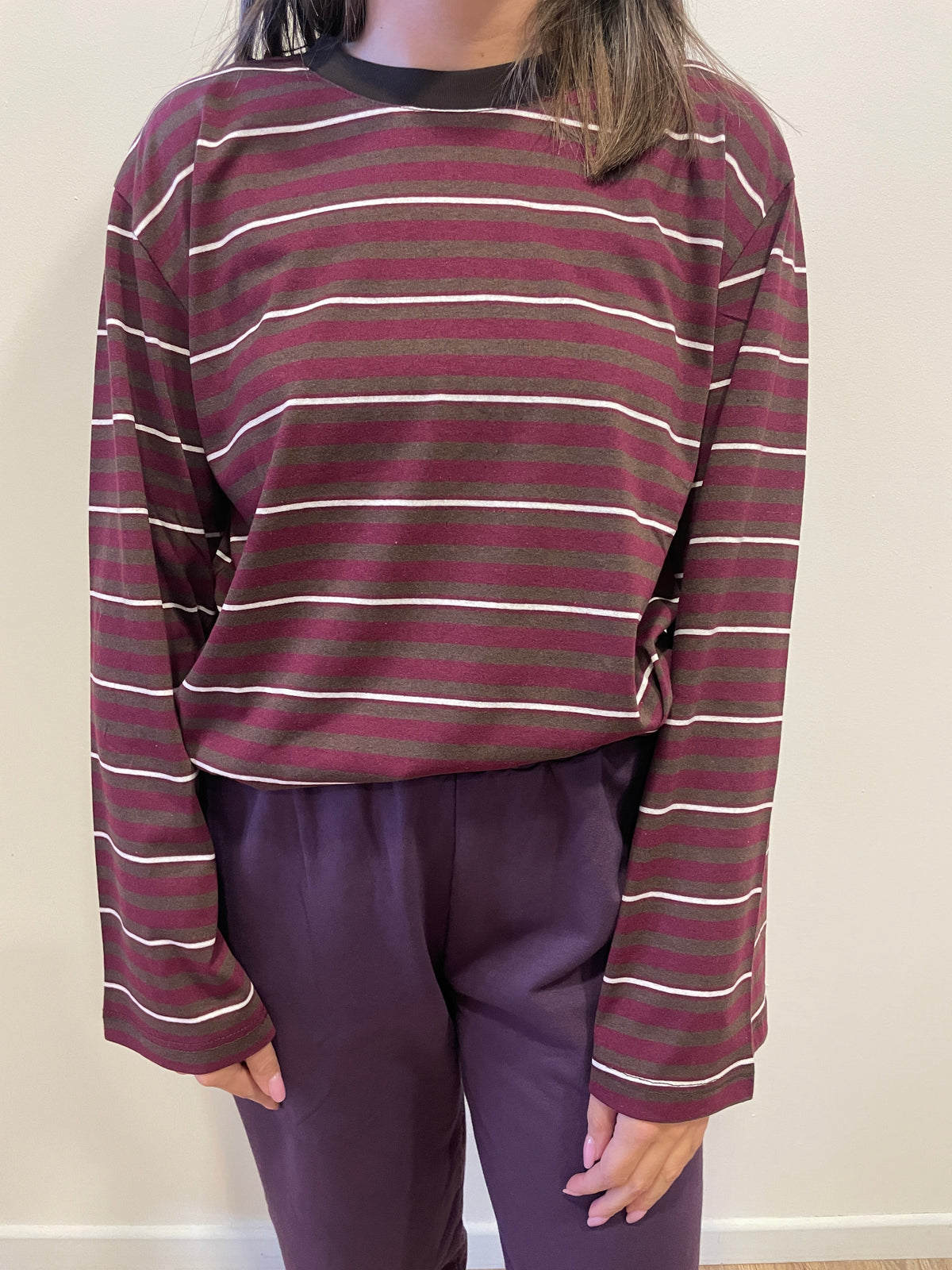 SUSY MIX - T-shirt in misto cotone a maniche lunghe a righe in contrasto bordeaux e bianco color moro - più varianti