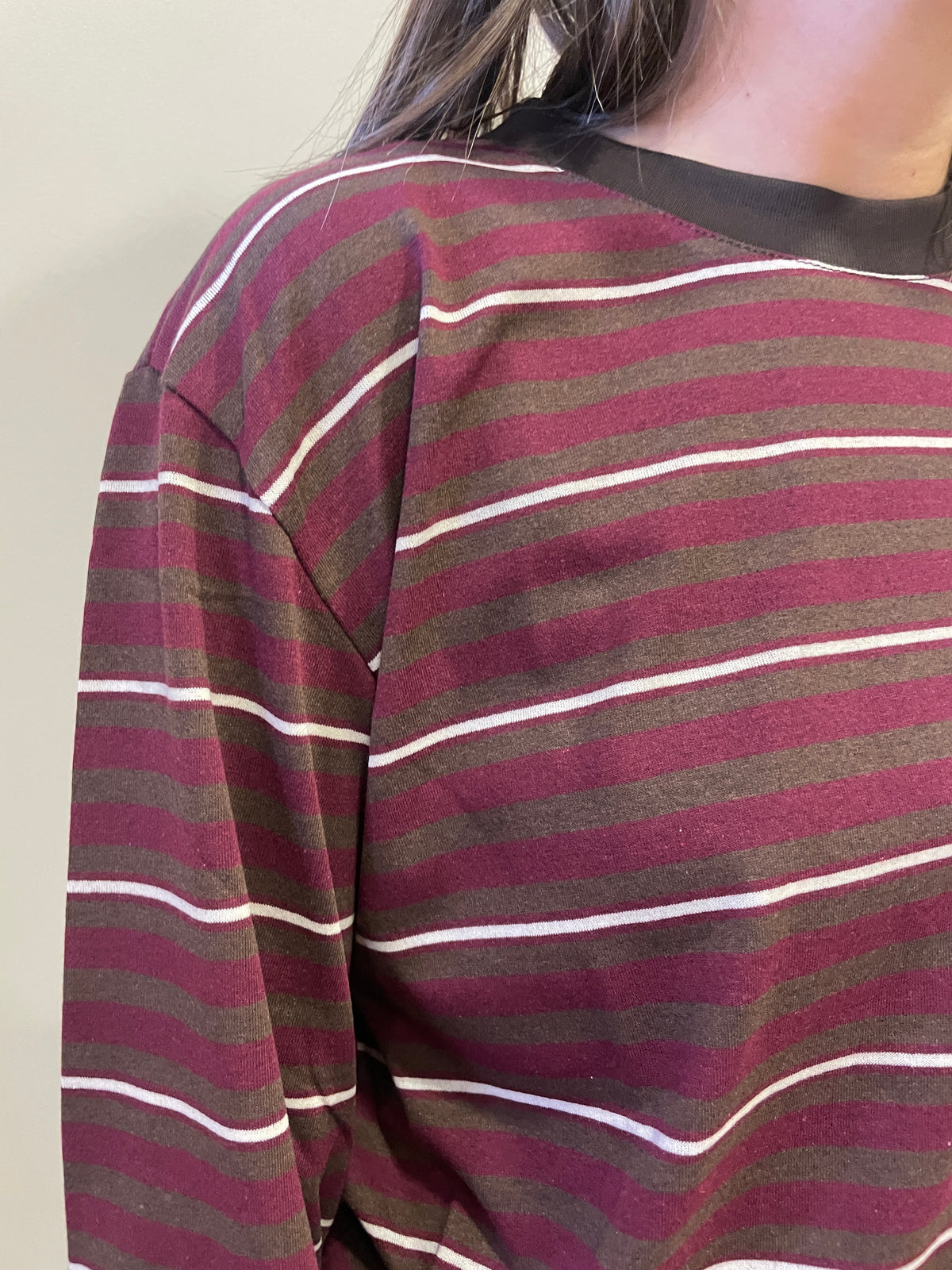 SUSY MIX - T-shirt in misto cotone a maniche lunghe a righe in contrasto bordeaux e bianco color moro - più varianti