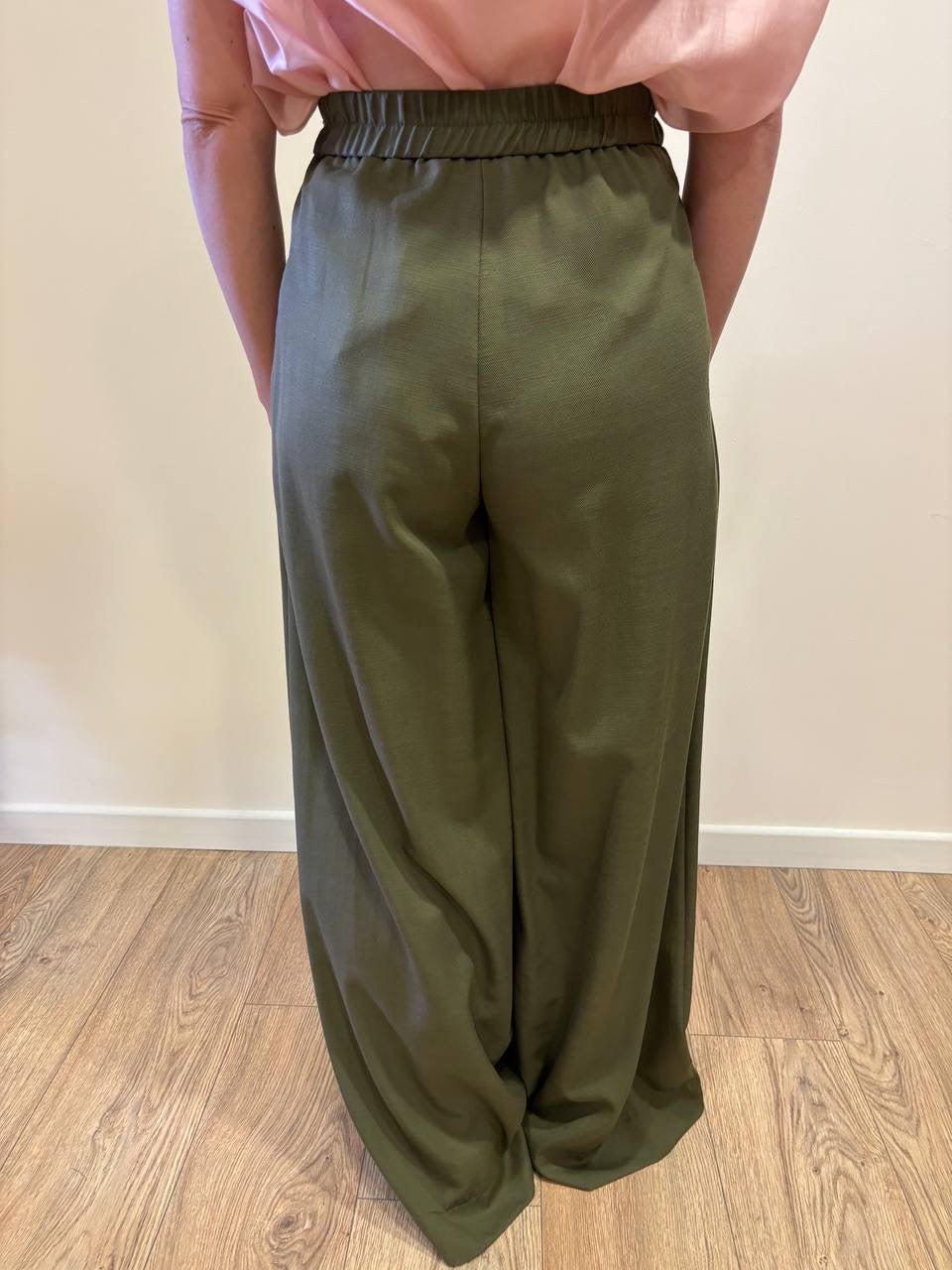 KAOS - Pantalone a palazzo verde militare con pinces ed elastico