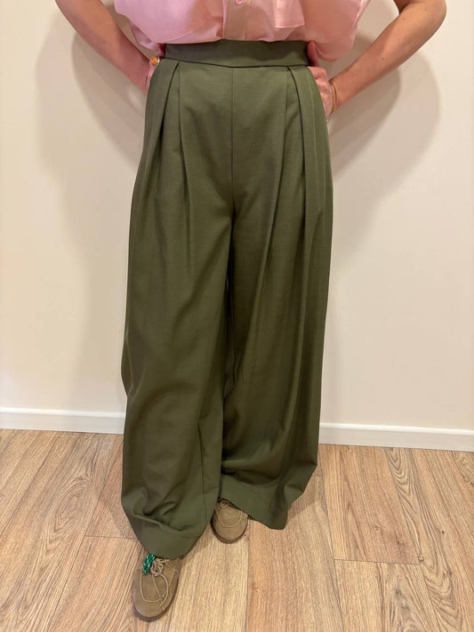 KAOS - Pantalone a palazzo verde militare con pinces ed elastico