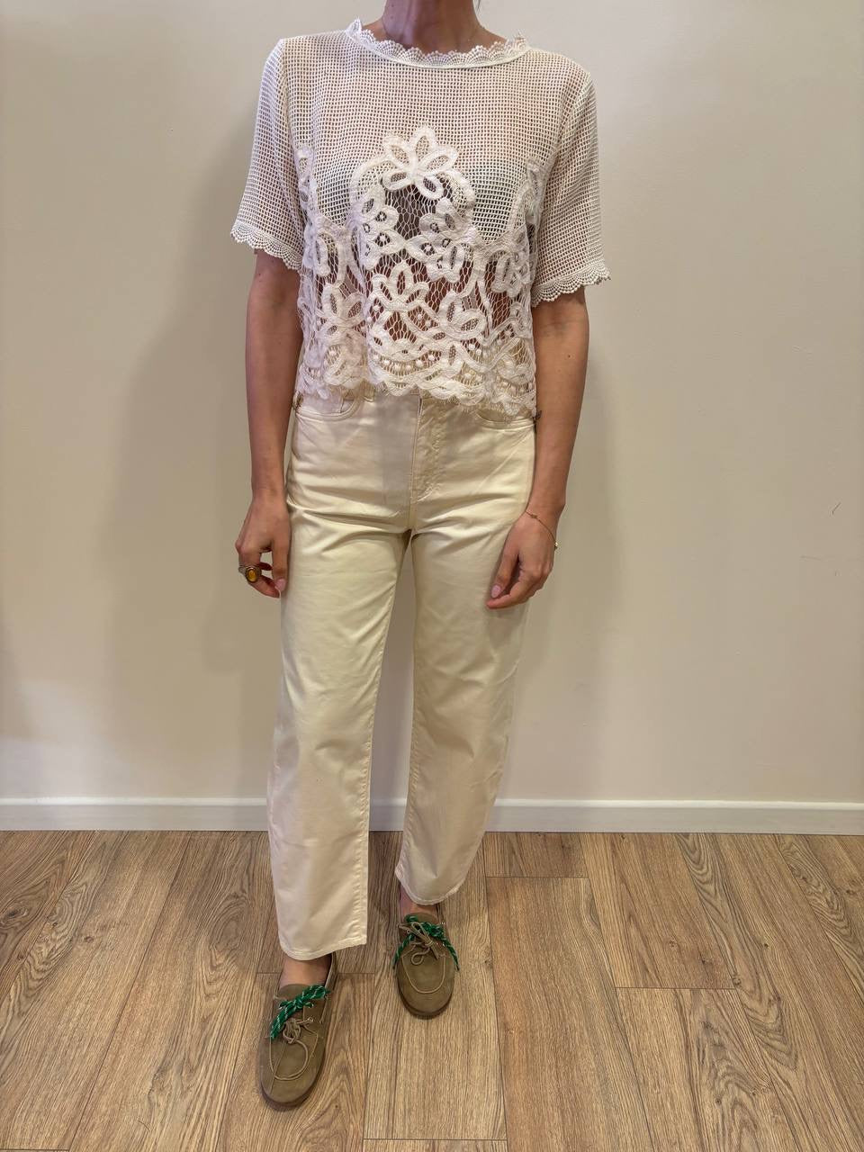 HAVEONE - Maglia traforata burro con pizzo a mezza manica