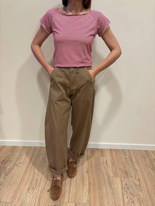 SUSY MIX - Pantalone barrel fit in cotone con cintura color cammello