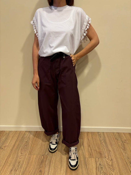 SUSY MIX - Pantalone barrel fit in cotone con cintura color fico