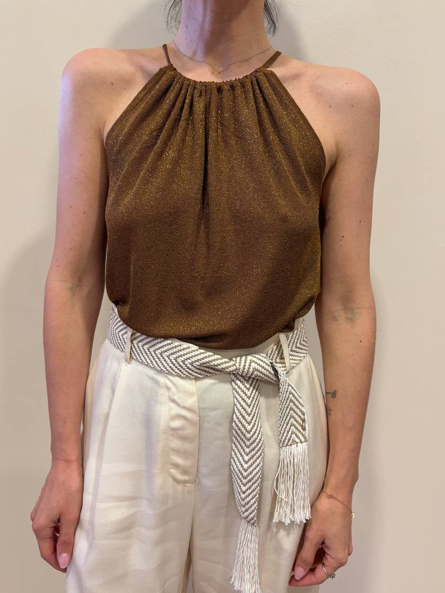KAOS - Top in lurex bronzo con allacciatura al collo