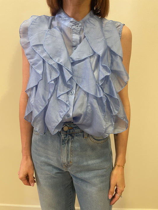 KONTATTO - Camicia azzurra smanicata con volant e colletto alla coreana - più colori